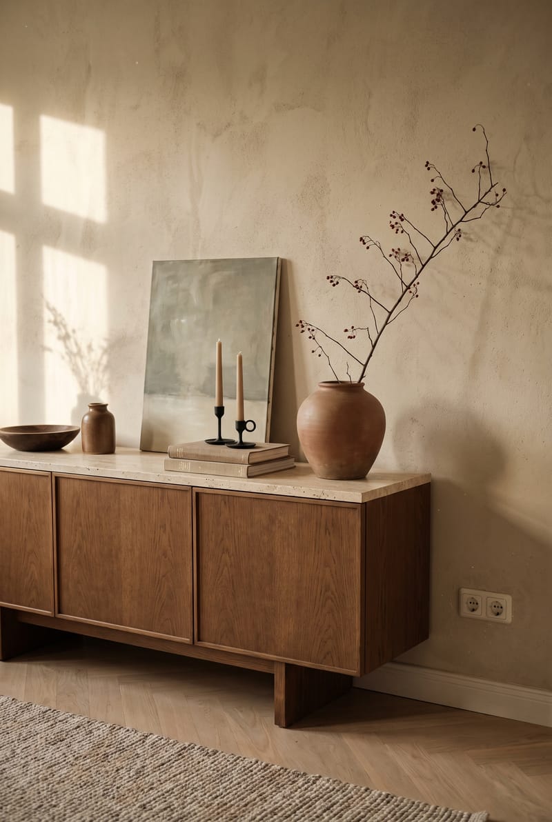 Sideboard Deko Idee im Japandi Stil: Terracotta-Vase mit Beerenzweig, Kerzen auf Büchern und angelehnte Leinwand auf Eiche