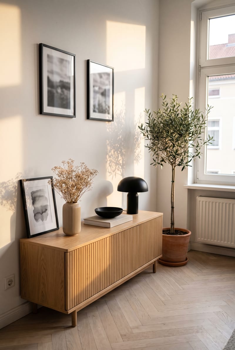 Sideboard Deko Idee im Japandi Stil: Lamellen-Lowboard am Altbaufenster mit Pilzlampe, schwarzer Schale und Trockenblumen
