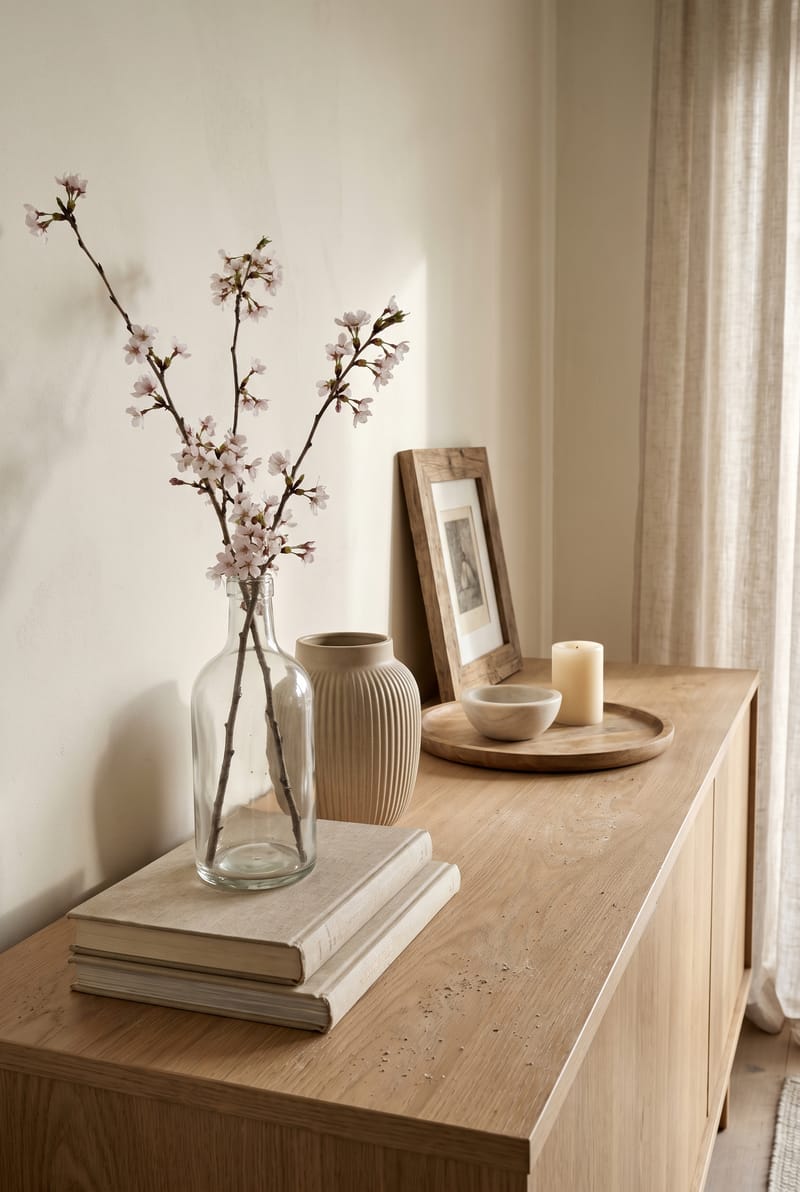 Sideboard Deko Idee im Japandi Stil: Glasvase mit Kirschblütenzweigen, gerippte Vase und Kerze auf Holztablett, Nahaufnahme