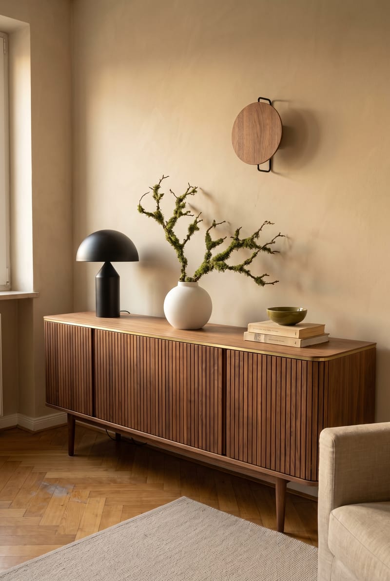 Sideboard Deko Idee im Japandi Stil: Nussbaum-Lamellen-Sideboard mit weißer Kugelvase, Mooszweig und schwarzer Pilzlampe