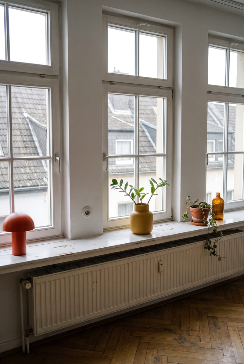 Fensterbank Deko Idee im Dopamin Stil: rote Pilzlampe, gelbe Vase mit Zweig und Pflanze auf langer Altbau-Fensterbank über Heizkörper