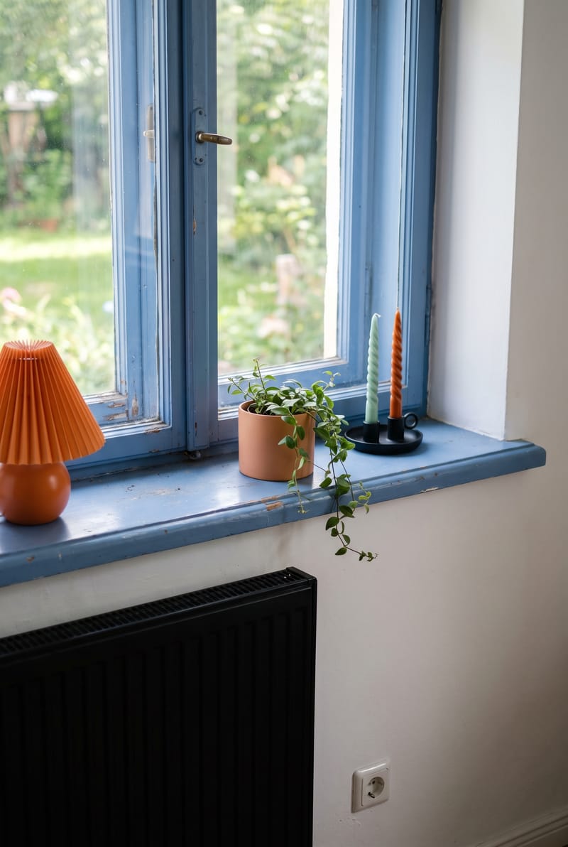 Fensterbank Deko Idee im Dopamin Stil: orange Faltenlampe, Pflanze im Terracotta-Topf und gedrehte Kerzen auf blau lackierter Fensterbank