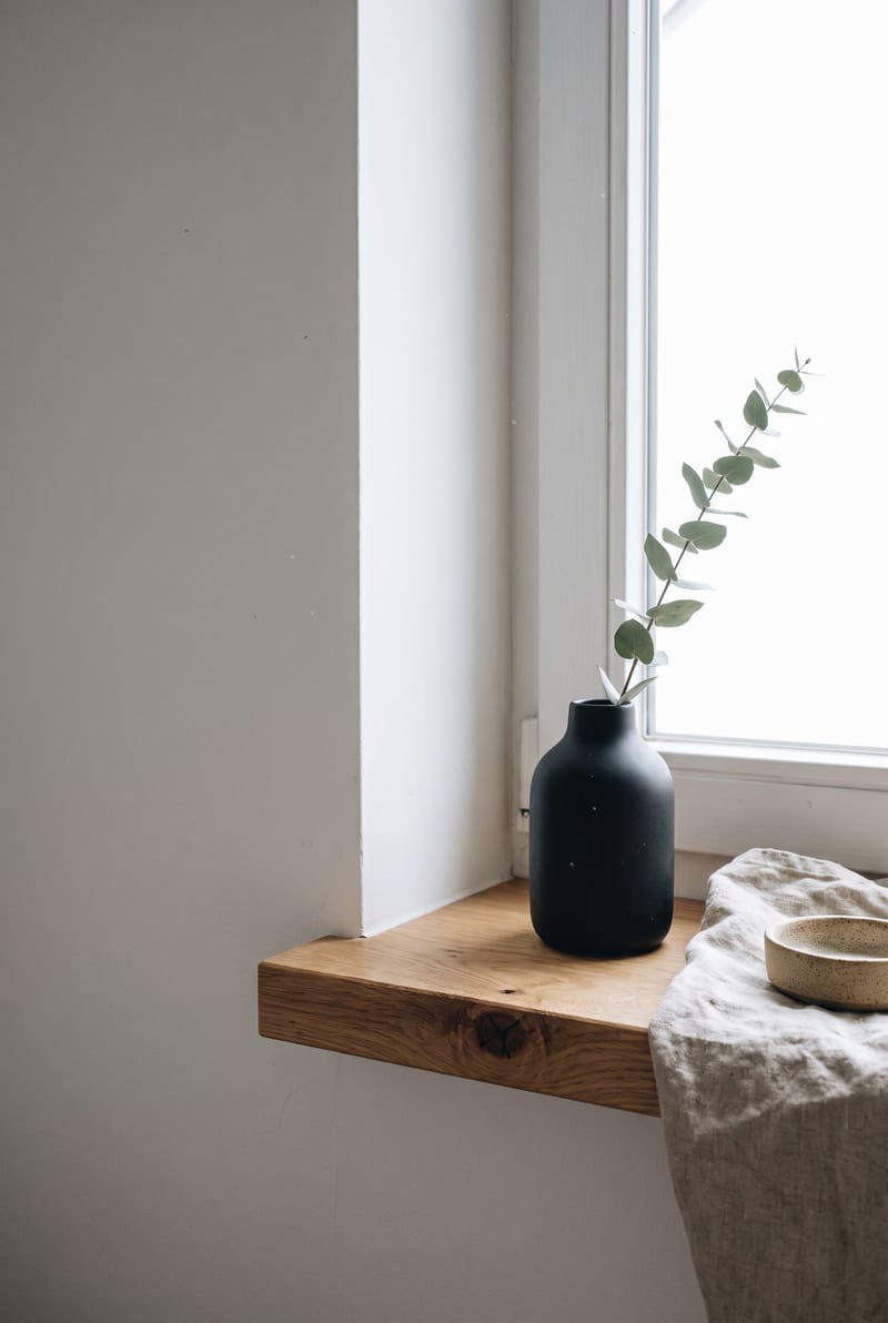 Fensterbank Deko Idee im Japandi Stil: matte schwarze Vase mit Eukalyptuszweig, Leinentuch und kleine Schale auf Eichen-Fensterbank