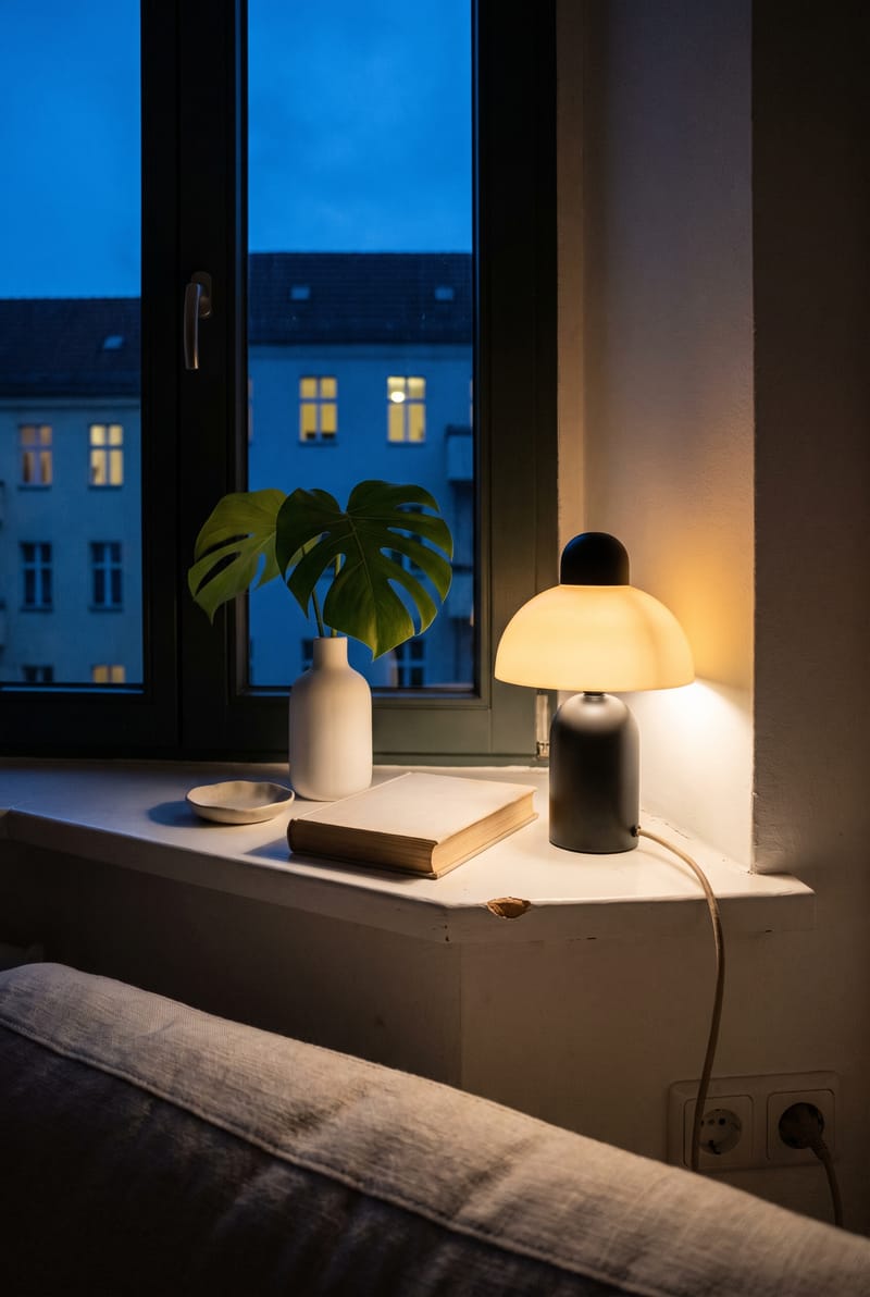 Fensterbank Deko Idee im modernen Stil: schwarze Pilzlampe, weiße Vase mit Monsterablatt und Buch auf weißer Fensterbank am Abend