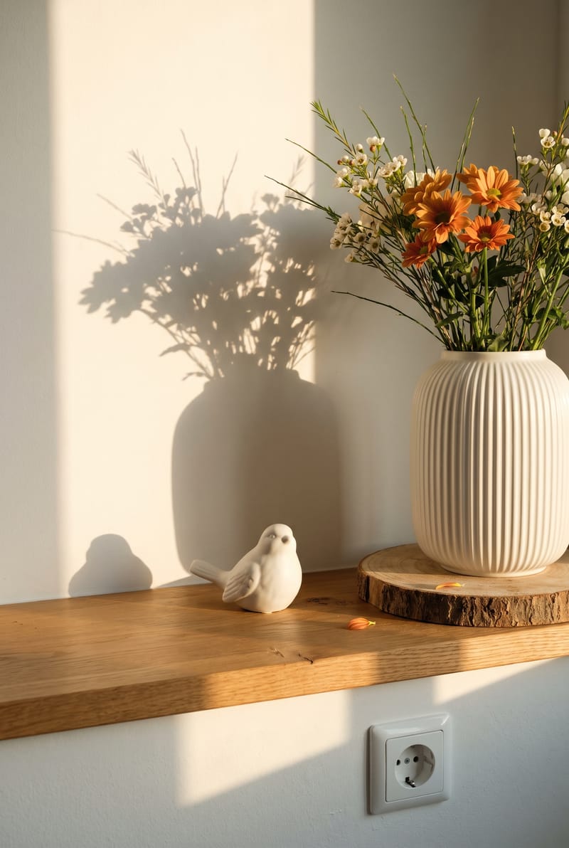 Fensterbank Deko Idee im Skandi Stil: weiße Riffelvase mit Wiesenstrauß auf Holzscheibe und kleine Vogelfigur auf Eichen-Fensterbank im Abendlicht