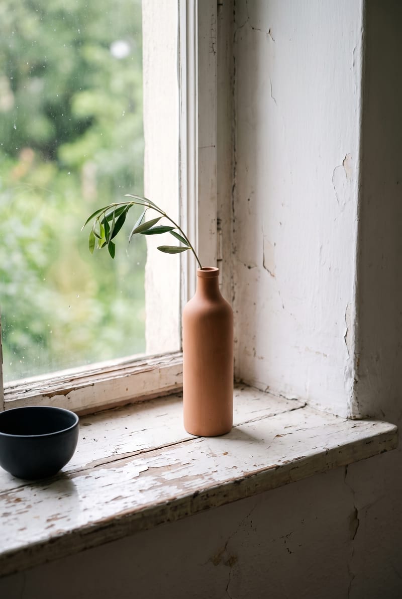 Fensterbank Deko Idee im Wabi Sabi Stil: schlanke Terracotta-Flasche mit einem Zweig und kleine schwarze Schale auf alter Holzfensterbank