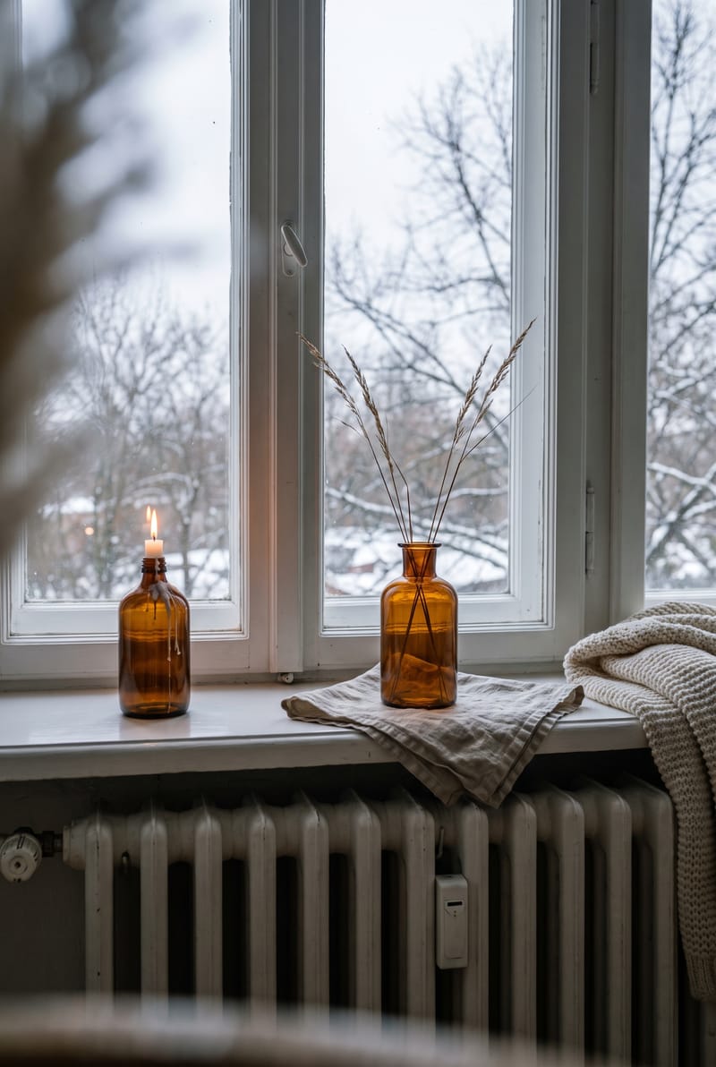 Fensterbank Deko Idee im Warm Minimal Stil: Bernsteinflasche mit Kerze, Glasvase mit Trockengras und Leinen vor Winterfenster