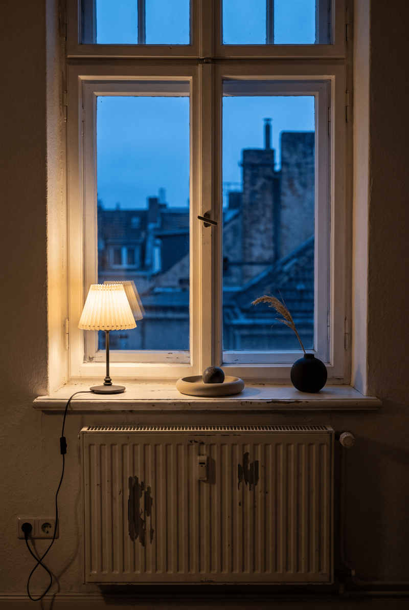 Fensterbank Deko Idee im Warm Minimal Stil: kleine Faltenlampe, flache Schale und schwarze Vase auf Altbau-Fensterbank mit Blick über Dächer