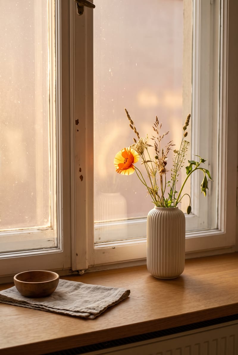 Fensterbank Deko Idee im Warm Minimal Stil: Riffelvase mit Mohn und Gräsern, Holzschale und Leinentuch auf Eichen-Fensterbank