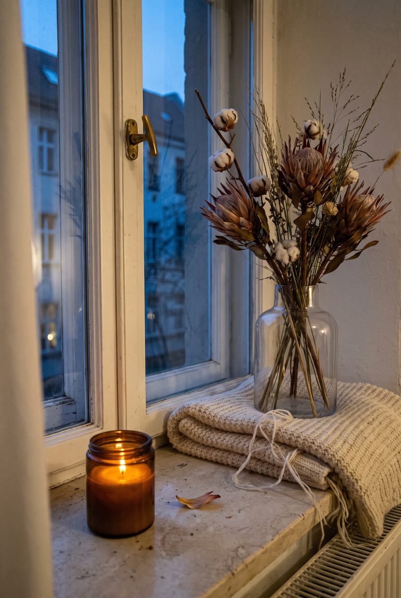Fensterbank Deko Idee im Warm Minimal Stil: Glasvase mit Trockenblumen auf Strickdecke und Kerze im Bernsteinglas auf Marmor-Fensterbank
