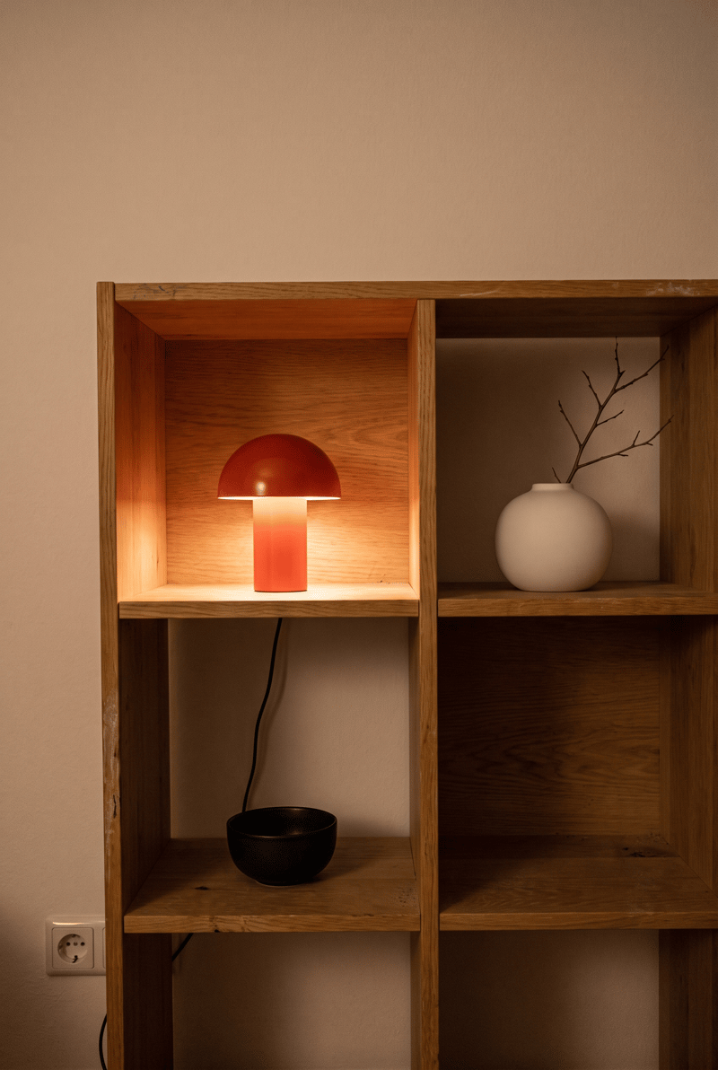 Regal Deko Idee im Dopamin Stil: Eichen-Würfelregal am Abend mit einer roten Pilzlampe im Fach, weißer Vase mit Zweig und schwarzer Schale