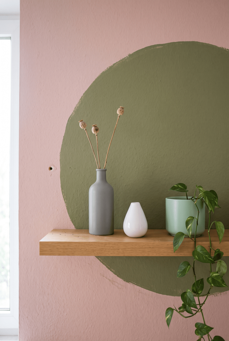Regal Deko Idee im Dopamin Stil: olivgrüner Kreis auf rosa Wand hinter Eichenboard mit grauer Vase mit Mohnkapseln, weißer Vase und Pothos im mintgrünen Topf