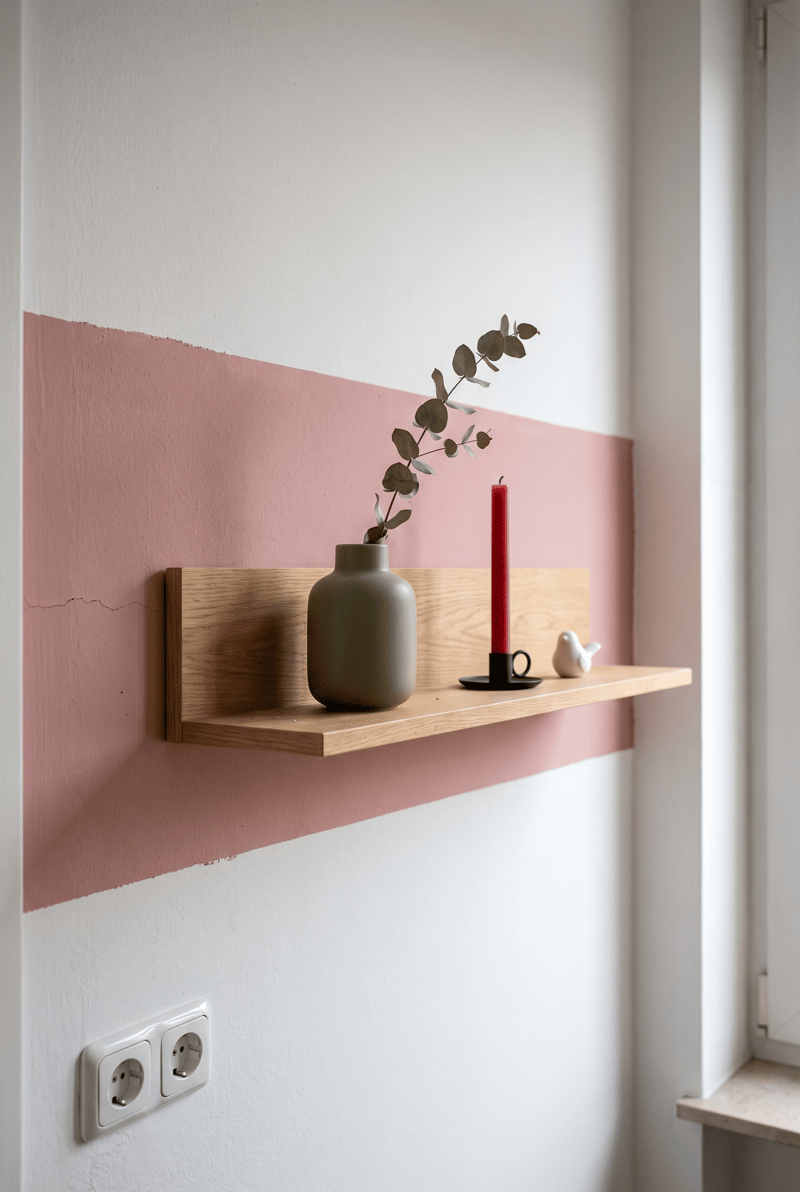 Regal Deko Idee im Dopamin Stil: rosa Farbband an weißer Wand hinter Eichenboard mit olivgrüner Vase mit Eukalyptus, roter Kerze und kleiner Vogelfigur