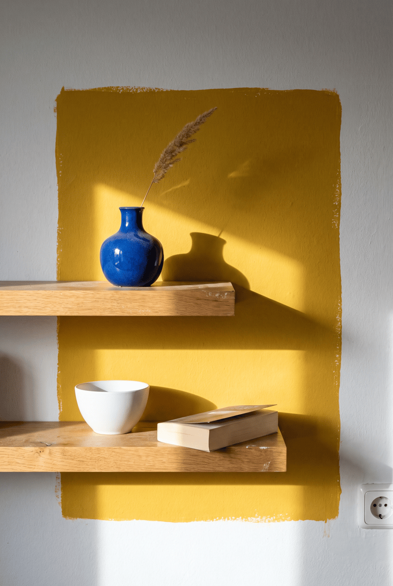 Regal Deko Idee im Dopamin Stil: senfgelbes Farbfeld an der Wand hinter zwei Eichenboards mit kobaltblauer Vase, weißer Schale und liegendem Buch im Streiflicht
