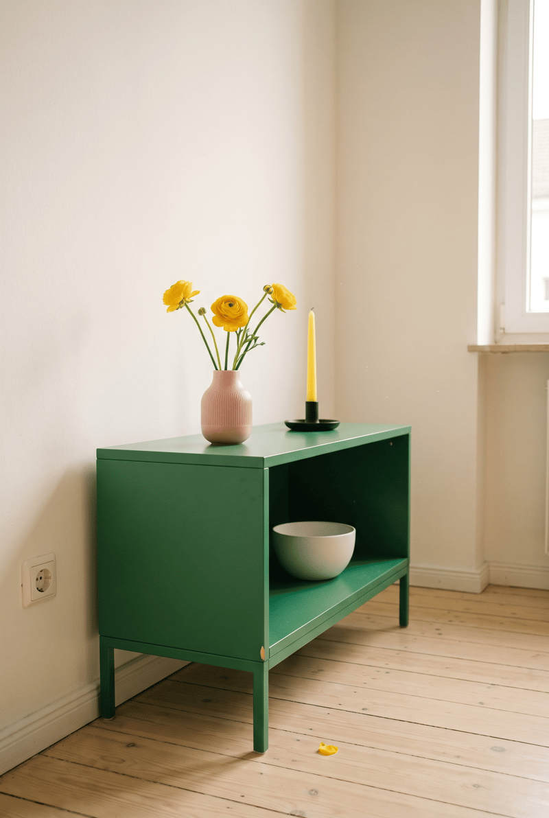Regal Deko Idee im Dopamin Stil: smaragdgrünes offenes Regal mit rosa Riffelvase, gelben Ranunkeln, gelber Kerze und weißer Schale auf Holzdielen