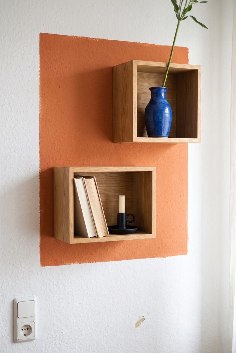 Regal Deko Idee im Dopamin Stil: terracottafarbenes Farbfeld an der Wand hinter zwei Eichenboxen mit kobaltblauer Vase, Büchern und Kerzenhalter