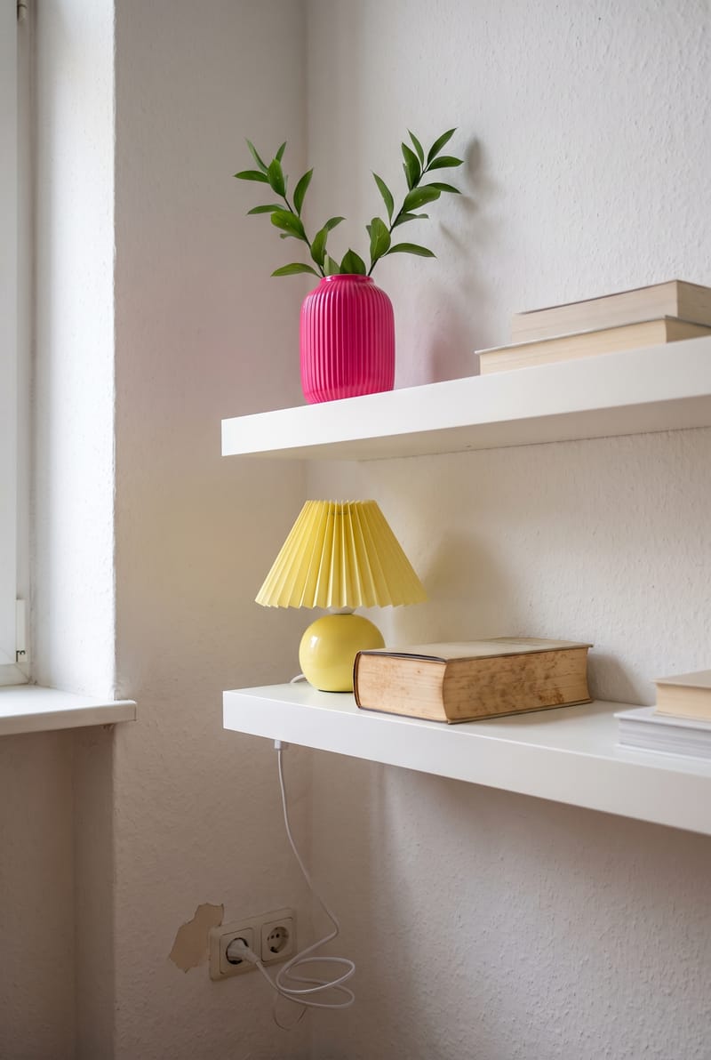 Regal Deko Idee im Dopamin Stil: weiße Wandboards mit pinker Riffelvase, gelber Faltenlampe und liegenden Büchern am Fenster