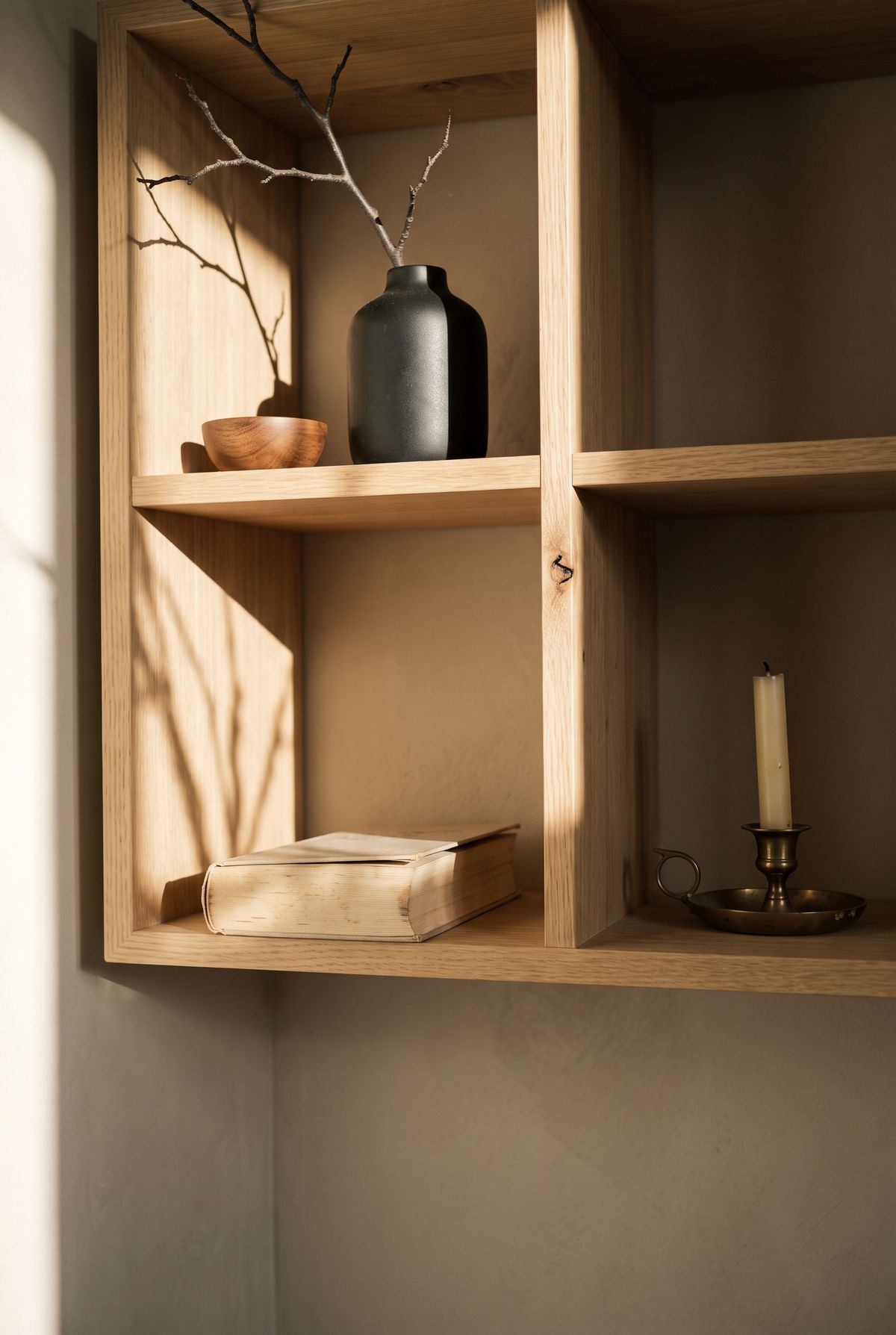 Regal Deko Idee im Japandi Stil: Eichen-Würfelregal mit schwarzer Vase mit Zweig, Holzschale, liegendem Buch und Messing-Kerzenhalter im Streiflicht