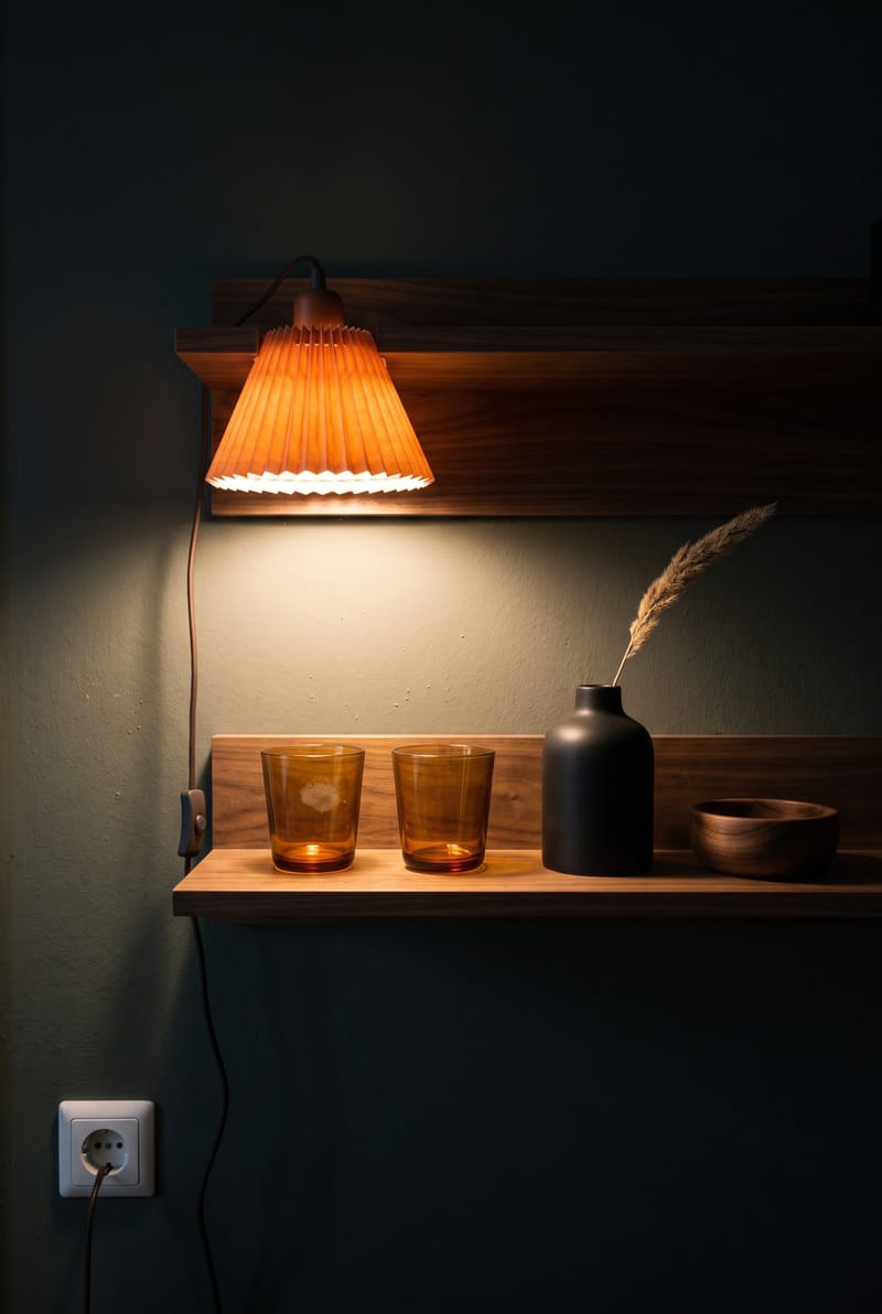 Regal Deko Idee im Mid Century Stil: Nussbaum-Wandboards mit orangefarbener Faltenlampe, Bernsteingläsern, schwarzer Vase und Holzschale am Abend