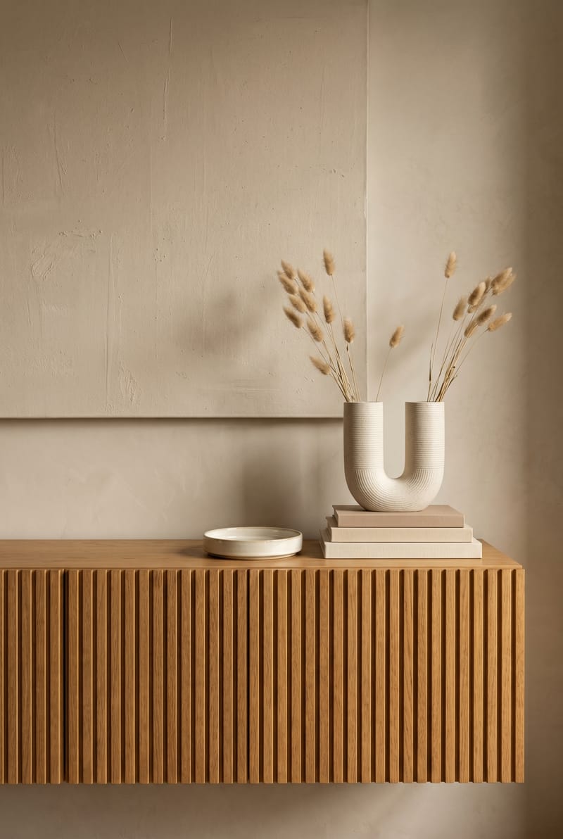 Sideboard-Styling mit heller Bogenvase, Lagurus und Büchern vor Tadelakt-Wand