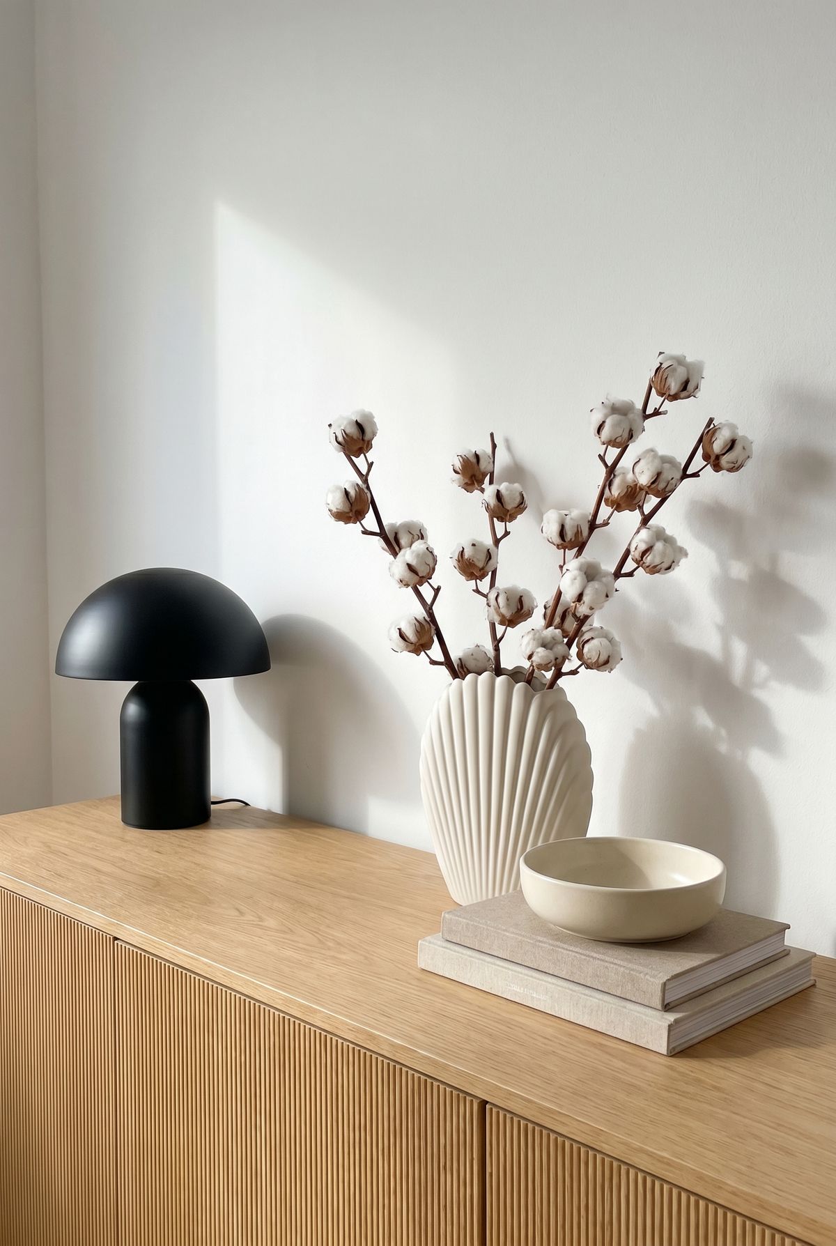Sideboard-Styling mit cremeweißer Fächervase, Trockenblumen, schwarzer Tischlampe und Schale auf geriffeltem Eichen-Sideboard