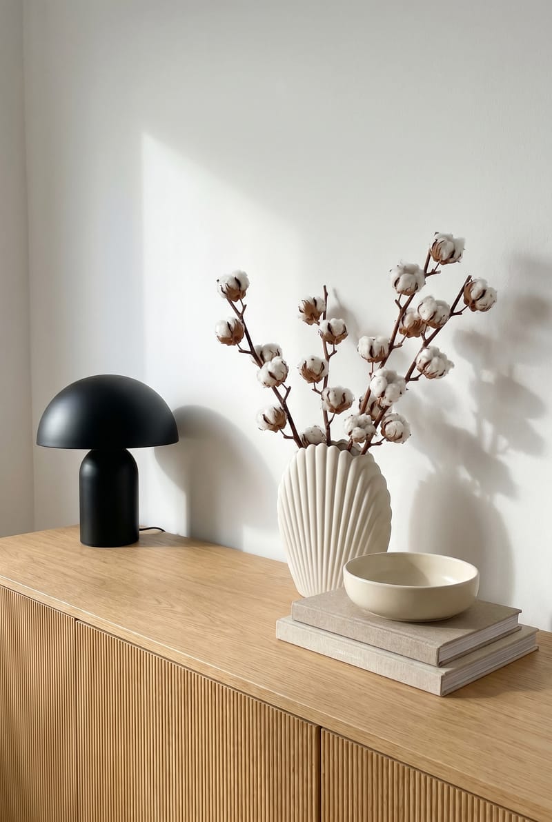 Sideboard-Styling mit cremeweißer Fächervase, Trockenblumen, schwarzer Tischlampe und Schale auf geriffeltem Eichen-Sideboard