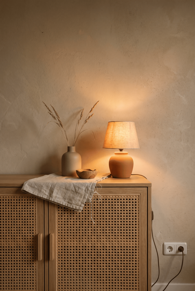 Sideboard Deko Idee im Boho Stil: Terracotta-Lampe, Steinzeugvase mit Trockengras und Leinentuch auf Rattan-Sideboard am Abend