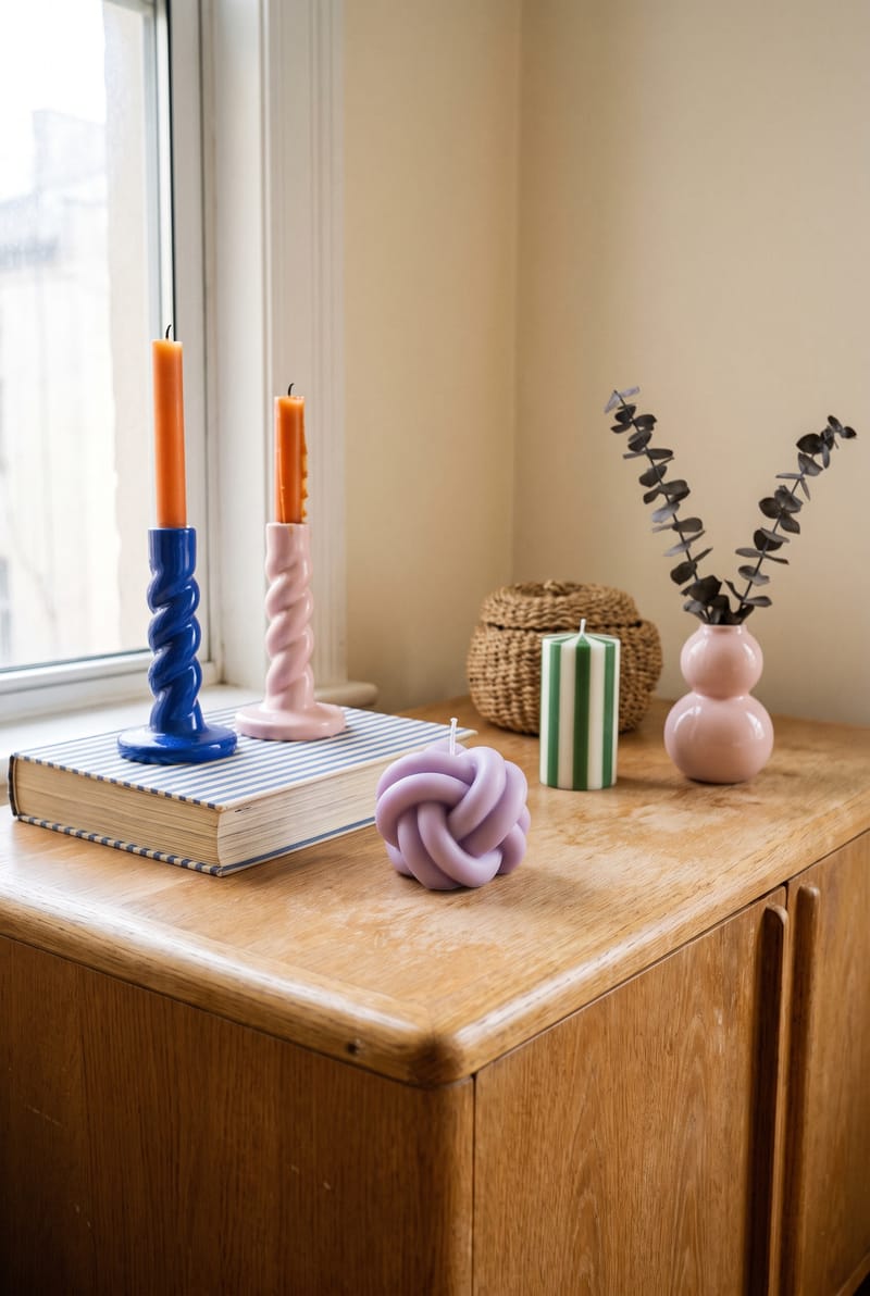 Sideboard Deko Idee im Dopamin Stil: gedrehte Kerzenständer in Blau und Rosa, lila Knotenkerze und rosa Doppelkugelvase auf heller Eiche