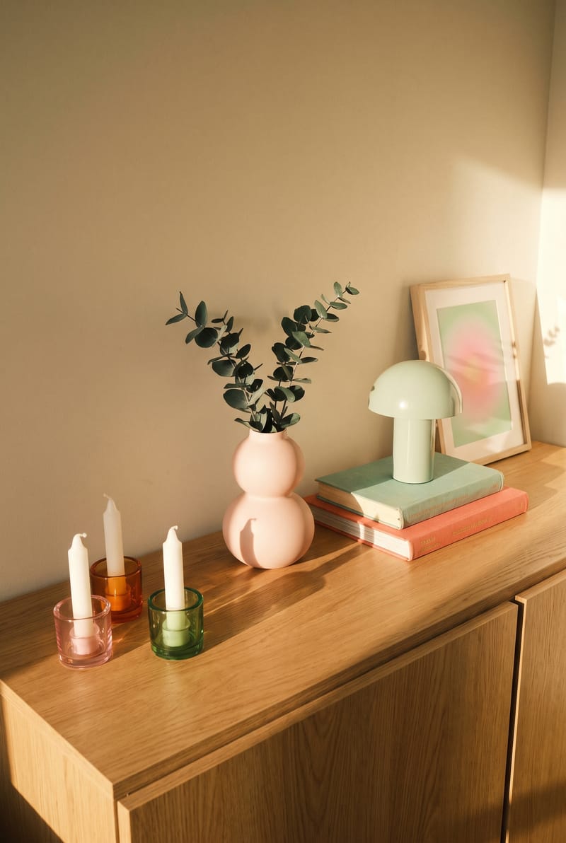 Sideboard Deko Idee im Dopamin Stil: Glas-Kerzenständer in Rosa, Orange und Grün, rosa Doppelkugelvase mit Eukalyptus und mint Pilzlampe auf Eiche