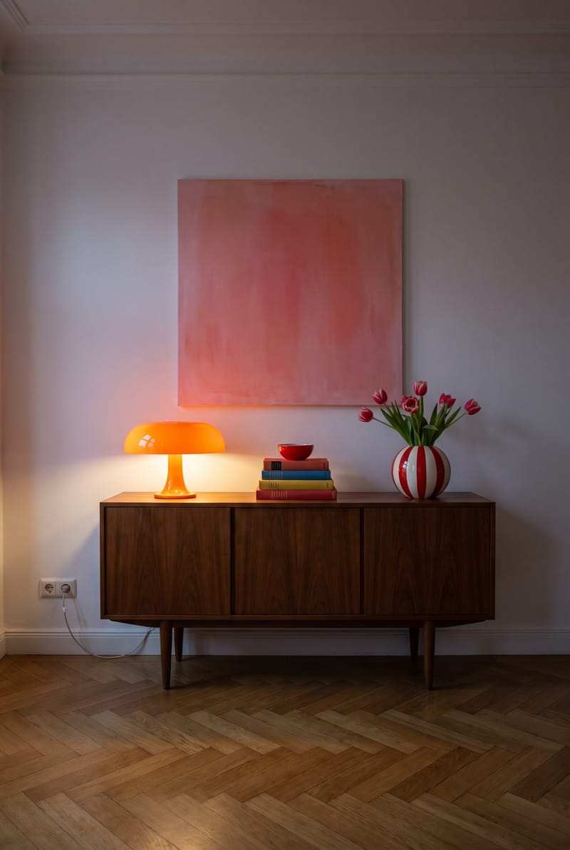 Sideboard Deko Idee im Dopamin Stil: orange Pilzlampe, bunte Bücher und rot-weiß gestreifte Kugelvase mit Tulpen auf Nussbaum