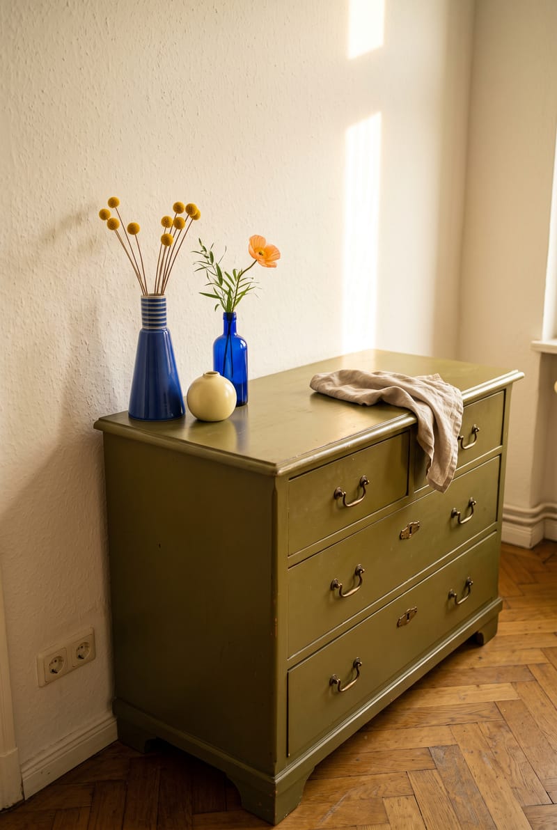 Sideboard Deko Idee im Dopamin Stil: kobaltblaue Kegelvase mit Craspedia, gelbe Kugelvase und blaue Glasflasche auf olivgrüner Kommode