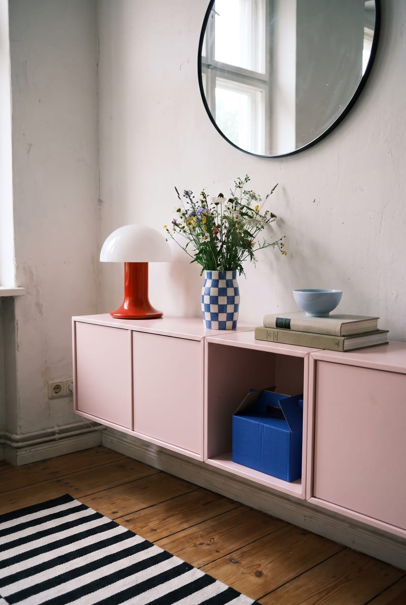 Sideboard Deko Idee im Dopamin Stil: rote Pilzlampe, blau-weiße Karo-Vase mit Wiesenblumen und Streifenteppich an rosa Modulkommode