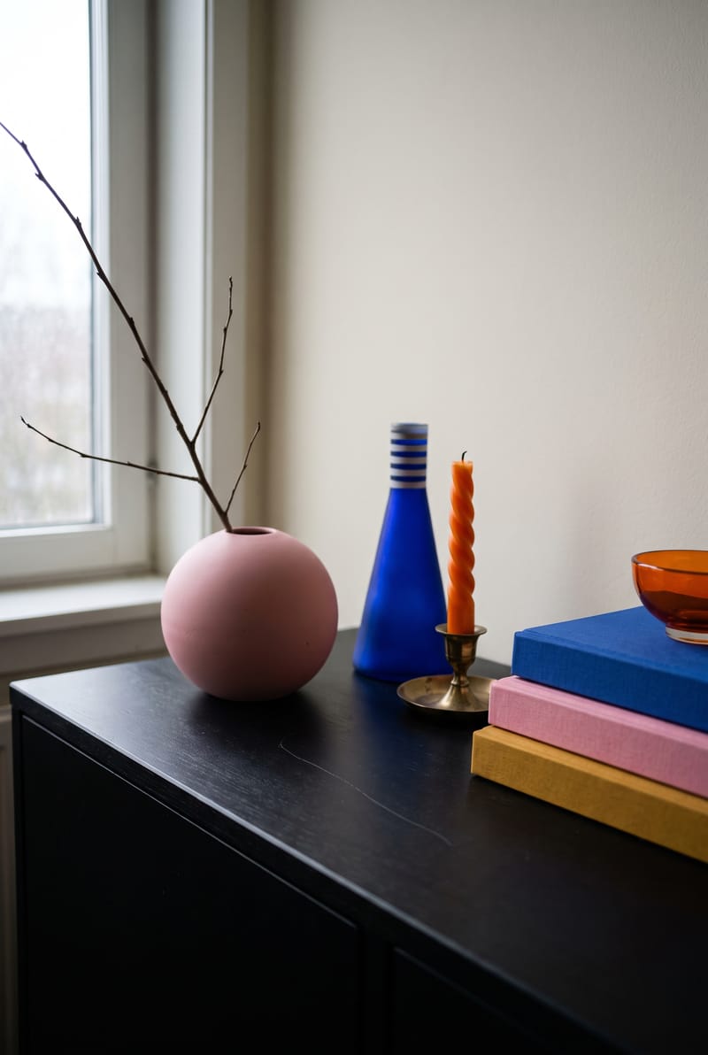 Sideboard Deko Idee im Dopamin Stil: rosa Kugelvase mit Zweig, kobaltblaue Vase und Bücherstapel in Kobalt, Rosa und Senf auf schwarzem Sideboard