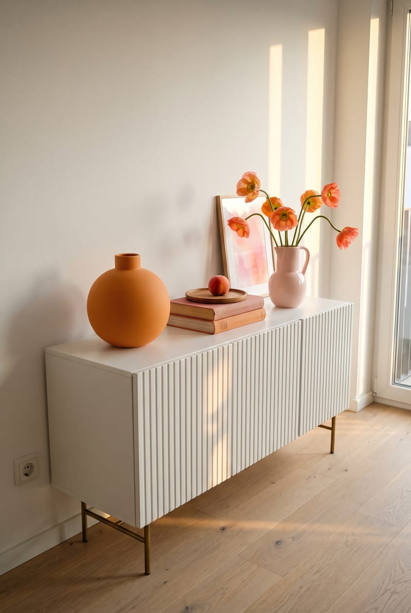 Sideboard Deko Idee im Dopamin Stil: orange Kugelvase, rosa Krug mit Mohnblumen und Bücherstapel auf weißem Riffel-Sideboard