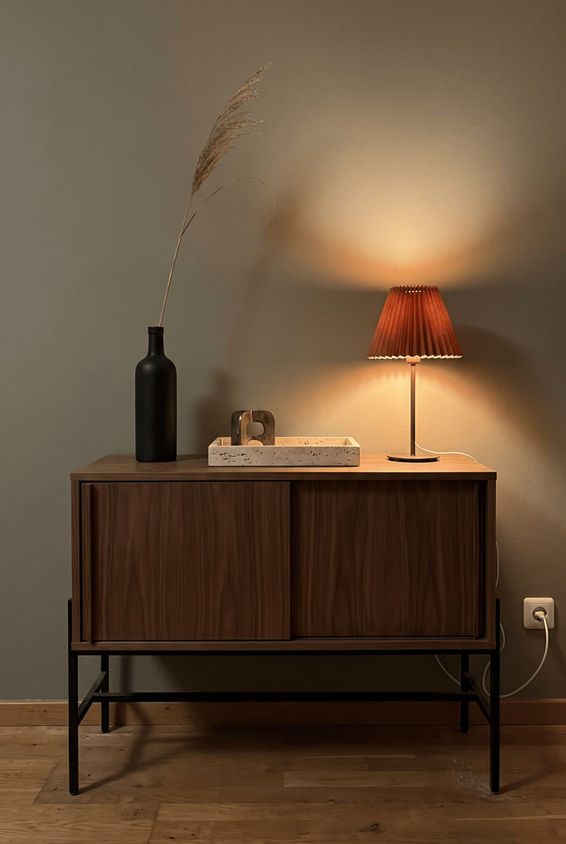 Sideboard Deko Idee im Mid Century Stil: orange Faltenlampe, schwarze Flaschenvase mit Gras und Travertin-Tablett auf Nussbaum-Sideboard vor olivgrüner Wand