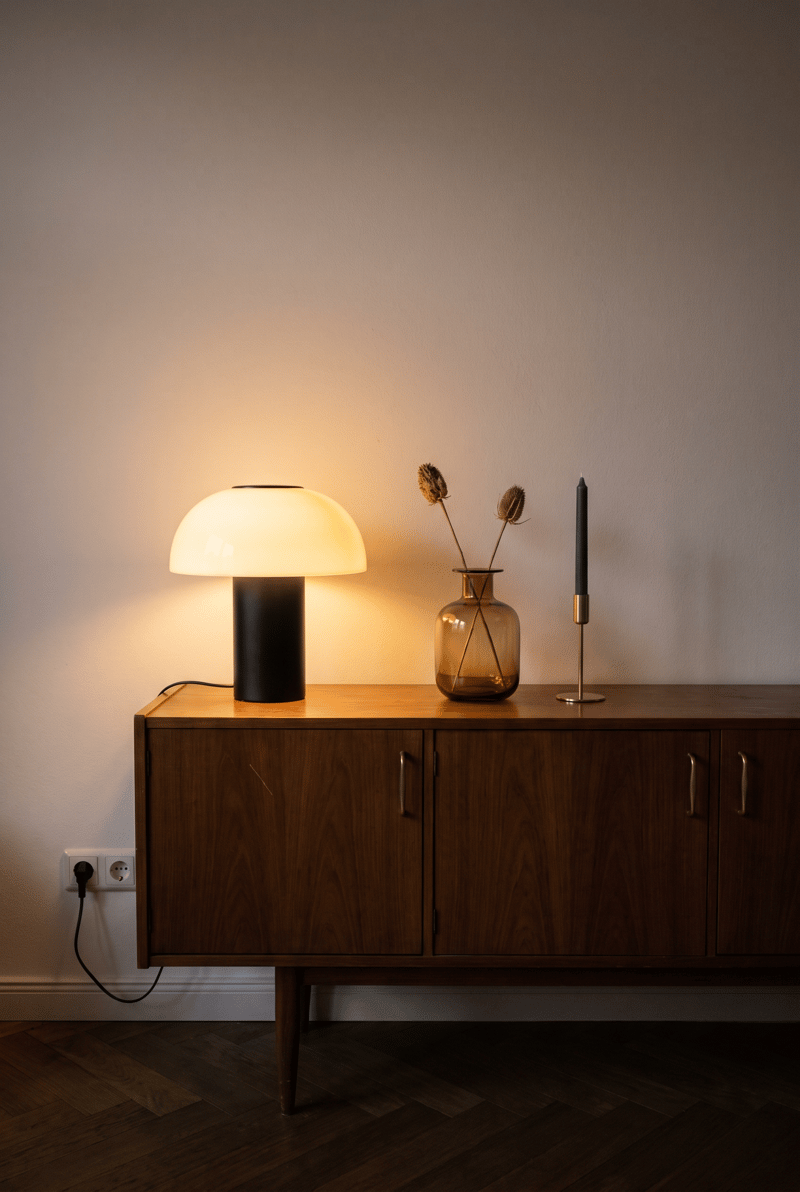 Sideboard Deko Idee im Mid Century Stil: Pilzlampe, Rauchglasvase mit Trockenblumen und Messing-Kerzenständer auf Nussbaum-Sideboard