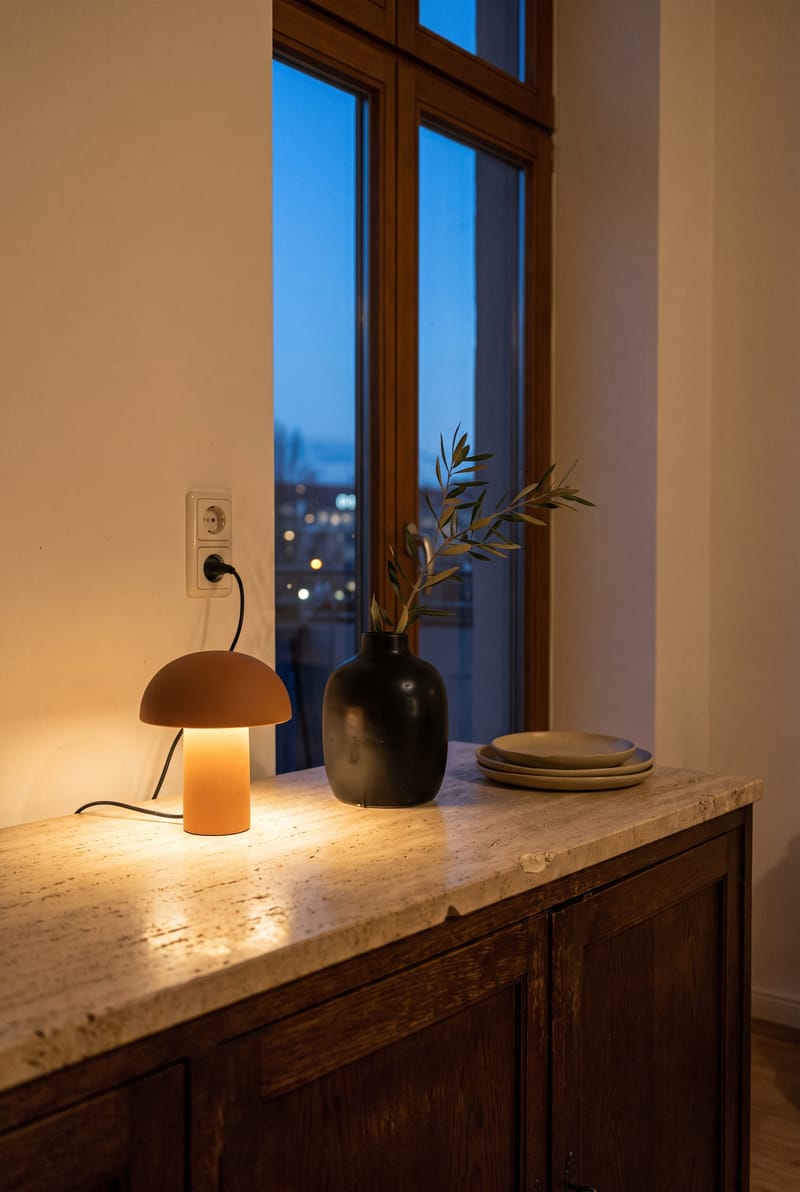 Sideboard Deko Idee im Warm Minimal Stil: Terracotta-Pilzlampe, schwarze Vase mit Olivenzweig und Keramikteller auf Travertin-Sideboard zur blauen Stunde