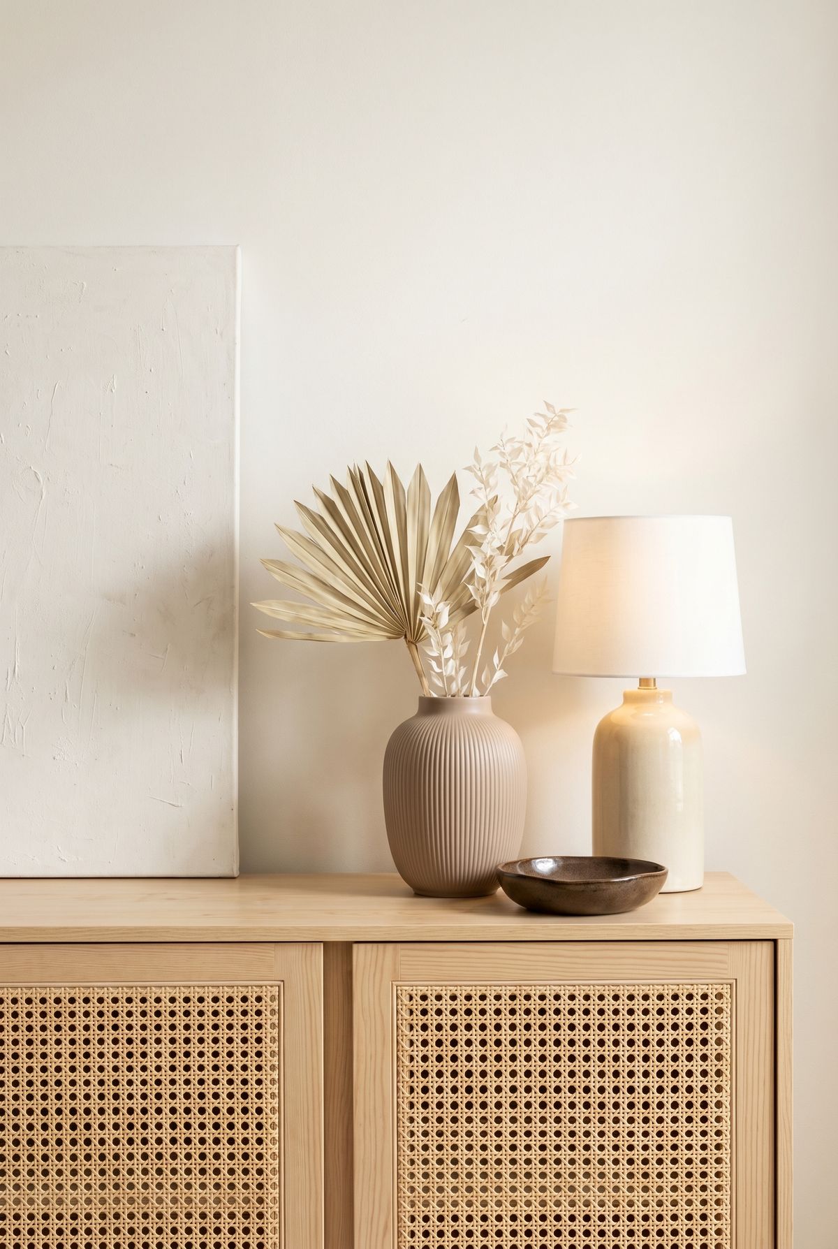 Sideboard-Styling mit lattefarbener Vase, Palmwedel und Tischlampe auf Cane-Sideboard