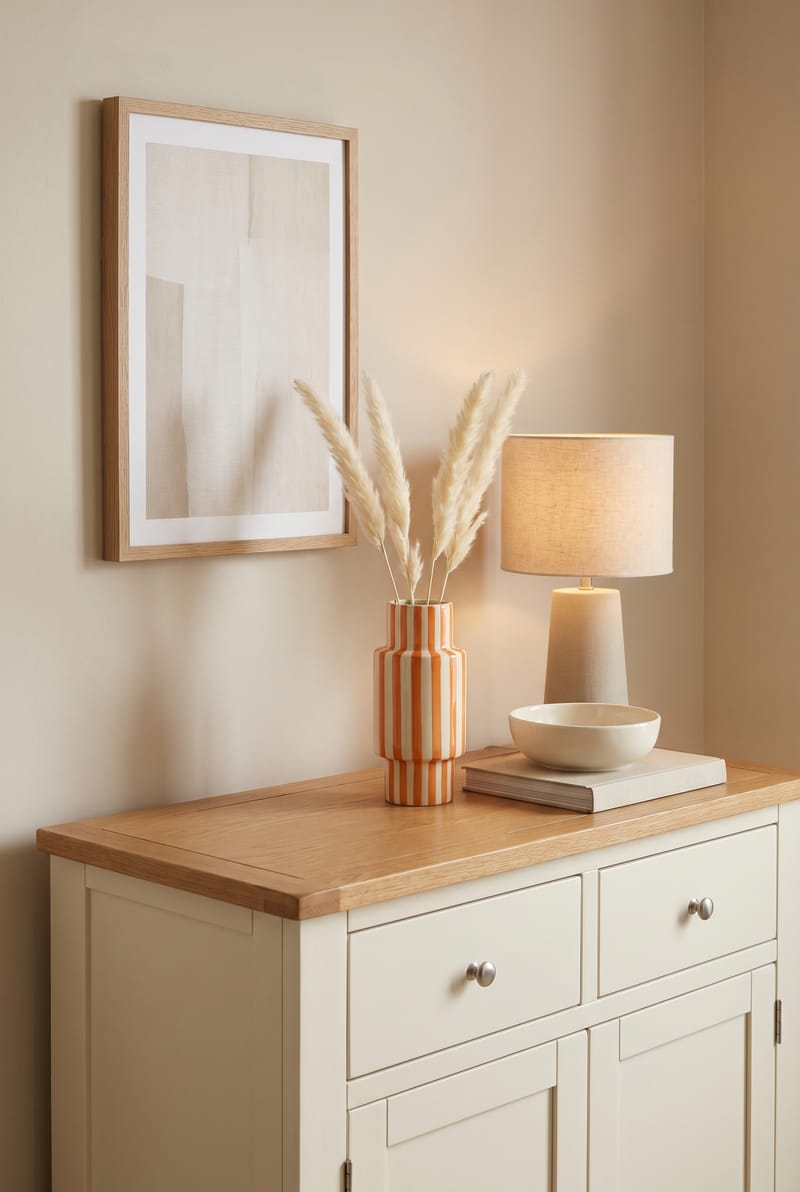 Sideboard-Styling mit orange gestreifter Vase, Pampas, Tischlampe und Büchern auf cremefarbenem Sideboard