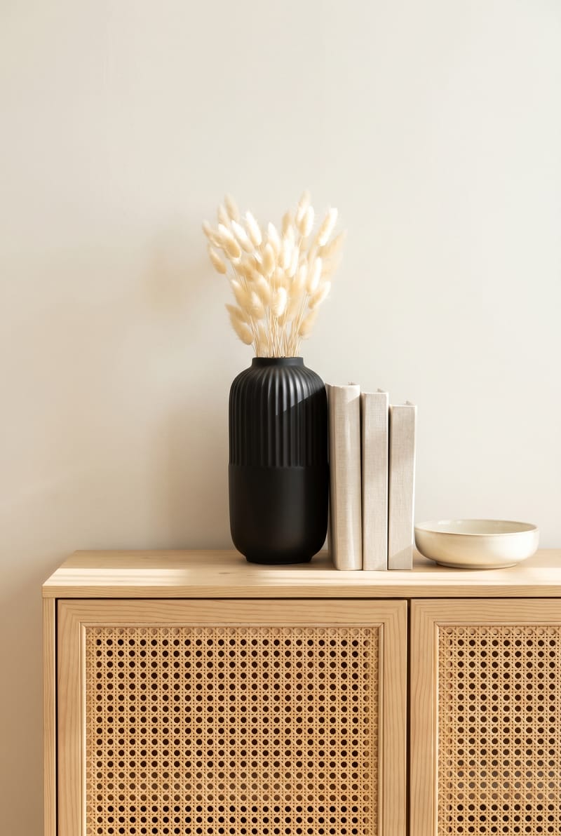 Sideboard-Styling mit schwarzer Flaschenvase, Lagurus, Buchstapel und Schale auf Cane-Sideboard