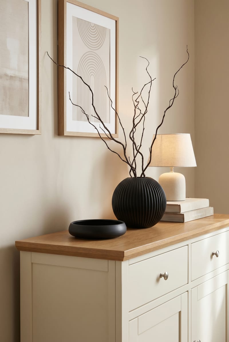 Sideboard-Styling mit schwarzer Kugelvase, Trockenzweigen, Lampe und Büchern auf cremefarbenem Sideboard
