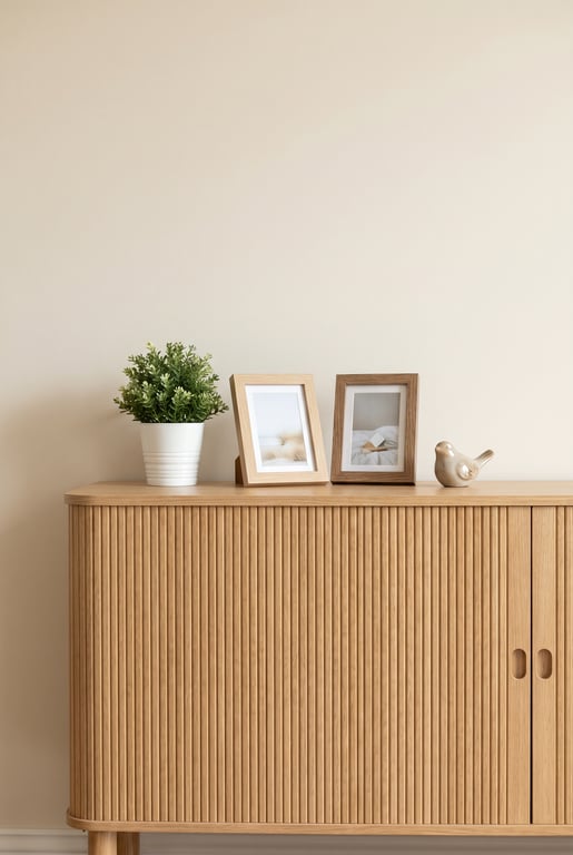 Sideboard mit langweiliger austauschbarer Deko vor dem Styling