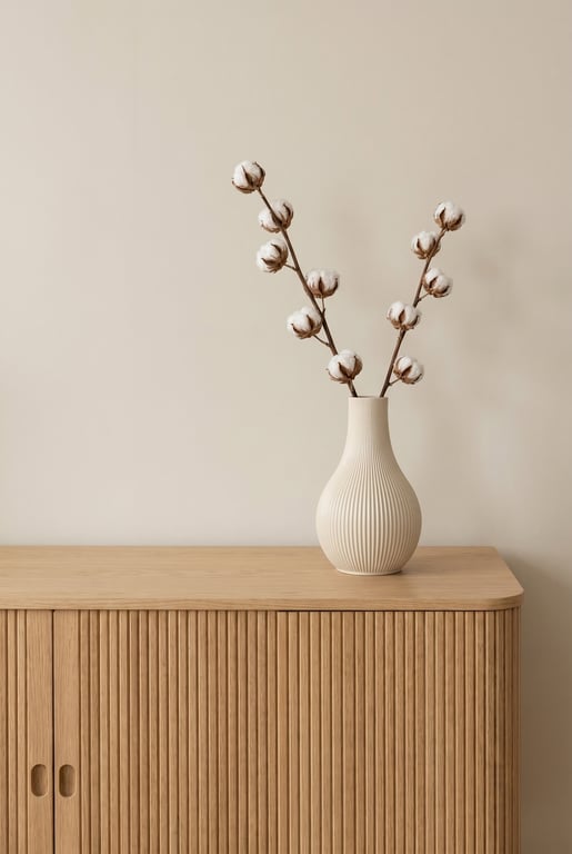 Sideboard mit einer cremefarbenen Vase als einzigem Blickfang