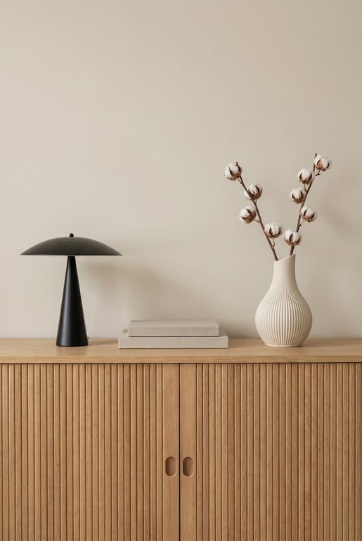 Sideboard mit Vase, Tischlampe und Buchstapel in verschiedenen Höhen