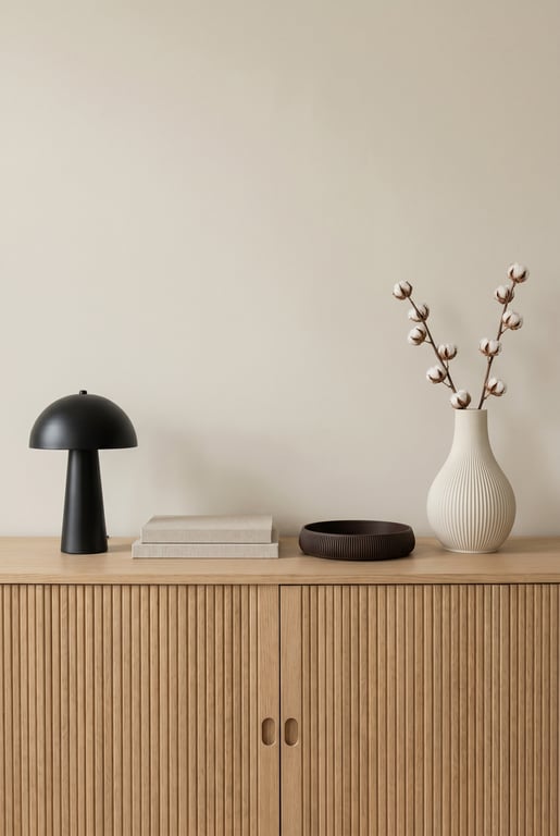Fertig gestyltes Sideboard mit Vase, Lampe, Büchern und Catch-All Schale