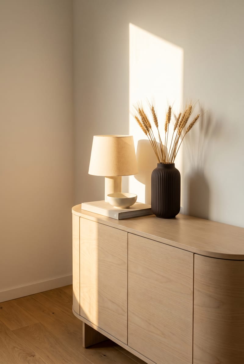 Sideboard-Styling mit espressofarbener Vase, Trockenweizen und Tischlampe im warmen Sonnenlicht