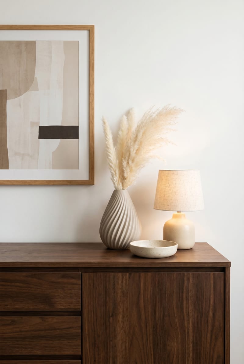 Sideboard-Styling mit sandfarbener Vase, Pampas, Tischlampe und Schale auf dunklem Nussbaum-Sideboard