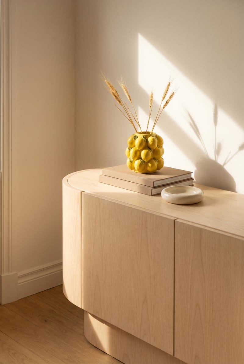 Sideboard-Styling mit gelber Vase, Trockengras, Büchern und Schale im Sonnenlicht