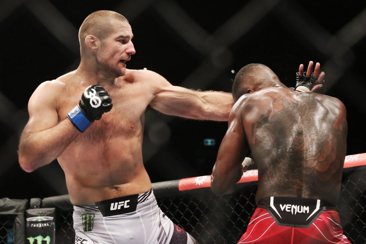 Sean Strickland loads up his right hand against Israel Adesanya. Credit: MMA Fighting.