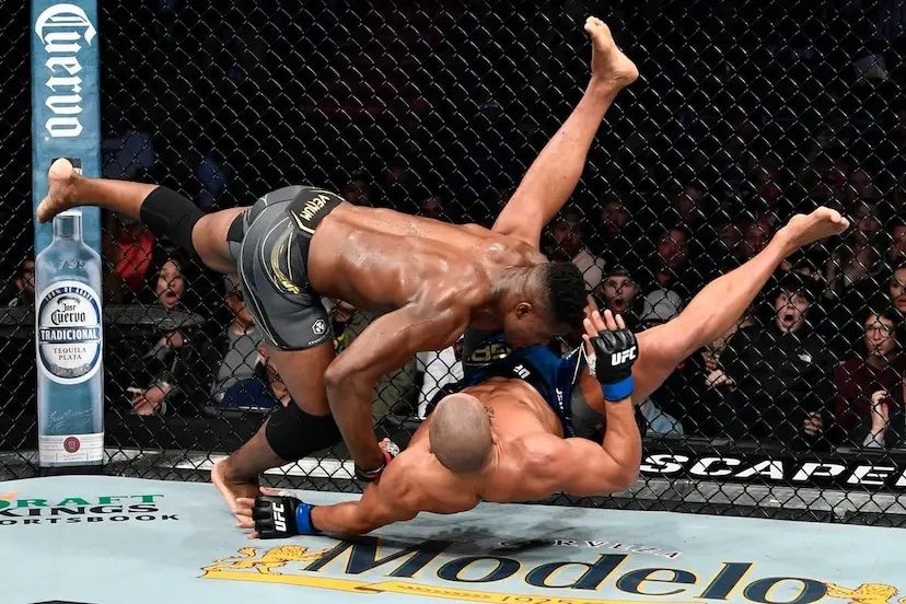 Francis Ngannou slamming Ciryl Gane to the mat in the third round. Credits to: Chris Unger - Zuffa LLC.